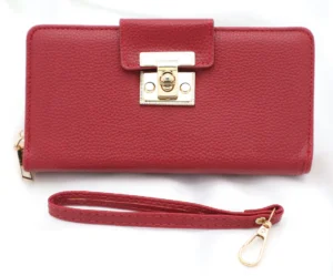 Classic red faux leather wallet with gold-tone lock, textured finish, and multiple card slots.