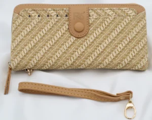 Light brown woven-texture wallet with faux leather, gold-tone zipper, and multiple card slots.