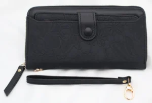 Classic black faux leather wallet with gold-tone lock, zipper, and detachable wrist strap.